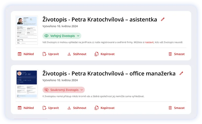 Seznam vytvořených životopisů - náhled