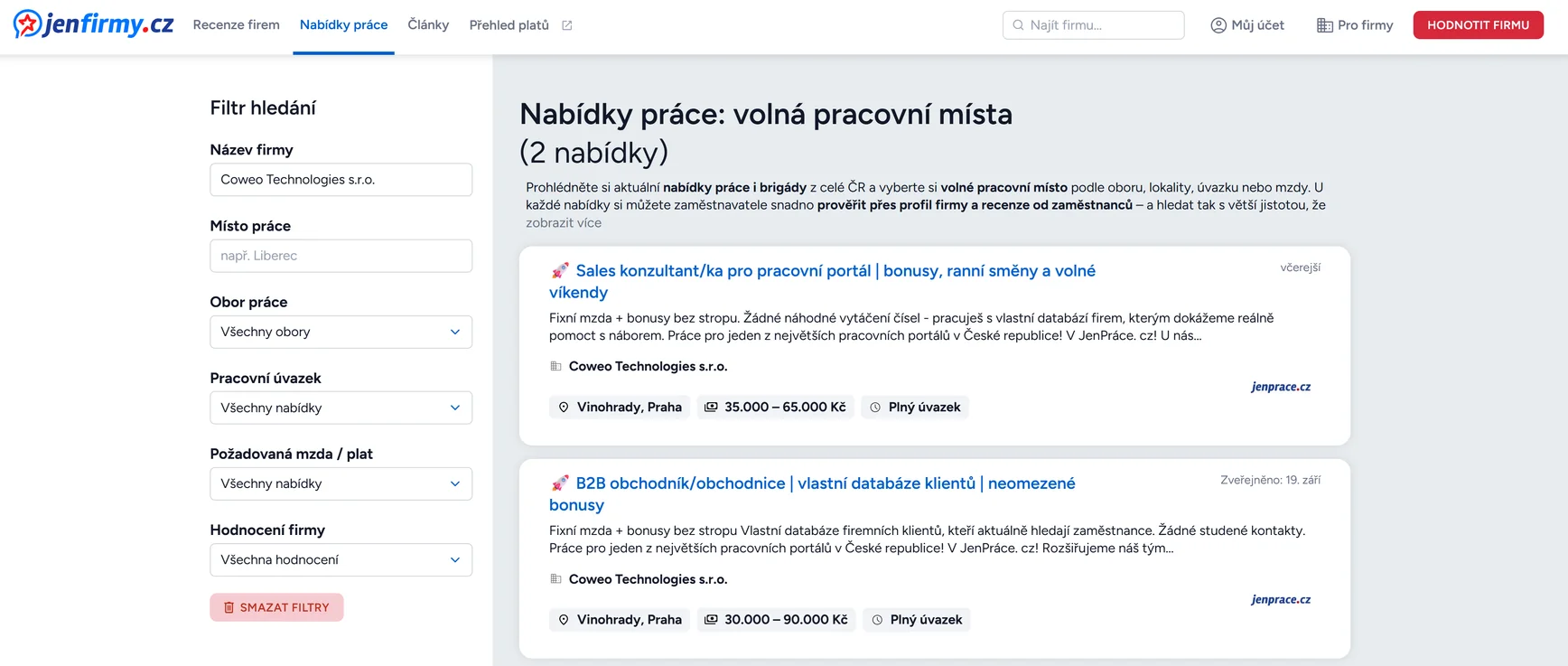 Výpis nabídek jenFirmy.cz - ukázka