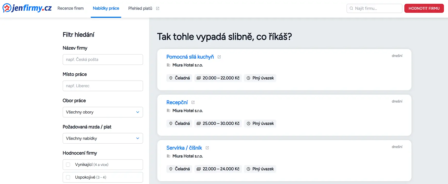 Výpis nabídek jenFirmy.cz - ukázka